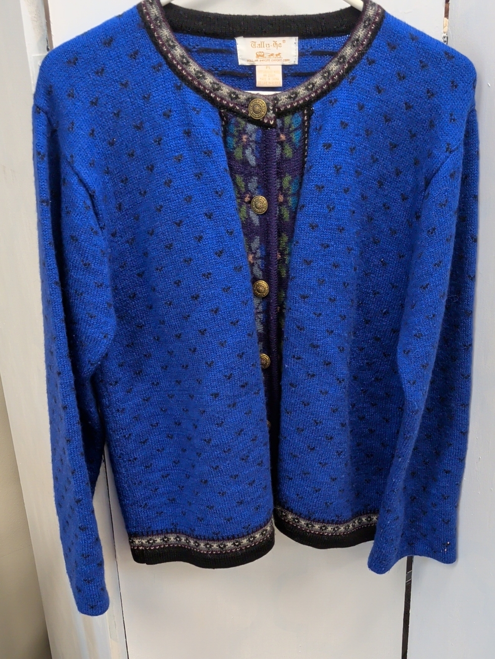 Tally Ho Blue and Black Wool Button Cardigan with Gold-Tone Buttons